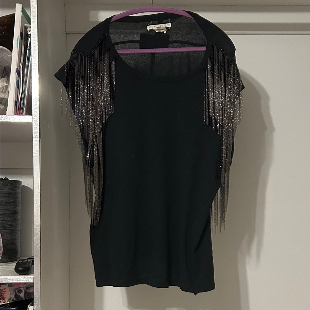 Free People Black Top with Silver Fringe